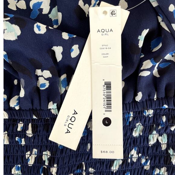 Aqua Girls’ Speckle Flutter Smocked Big Kid Dress, Navy Blue Floral - Size Large - Picture 6 of 11